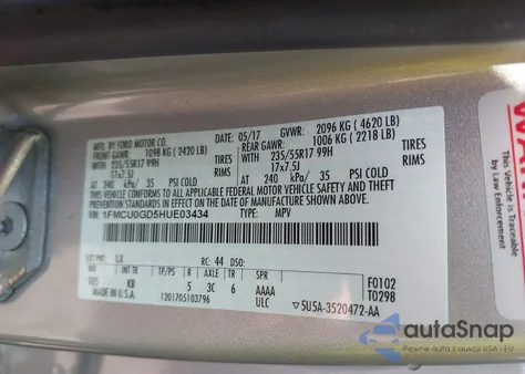 2017 Ford Escape Se z USA, uszkodzony, nr VIN 1FMCU0GD5HUE03434